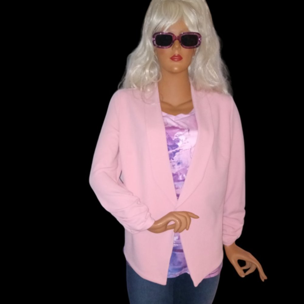 Pink Stretchy Open Blazer Jacket with Ruched Sleeves Size Large - New